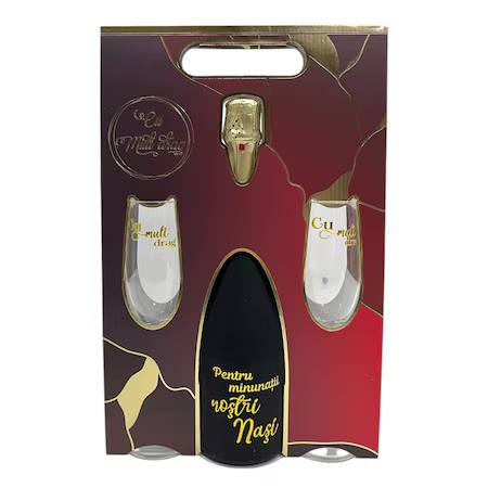 Set cadou pentru nași, cu vin spumant și 2 pahare personalizate