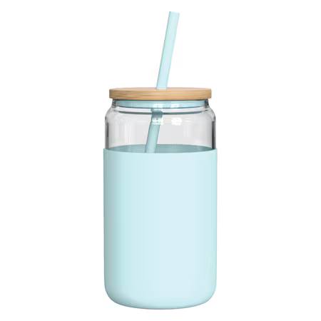 Pahar de sticlă 500 ml cu capac din bambus și husă din silicon, albastru