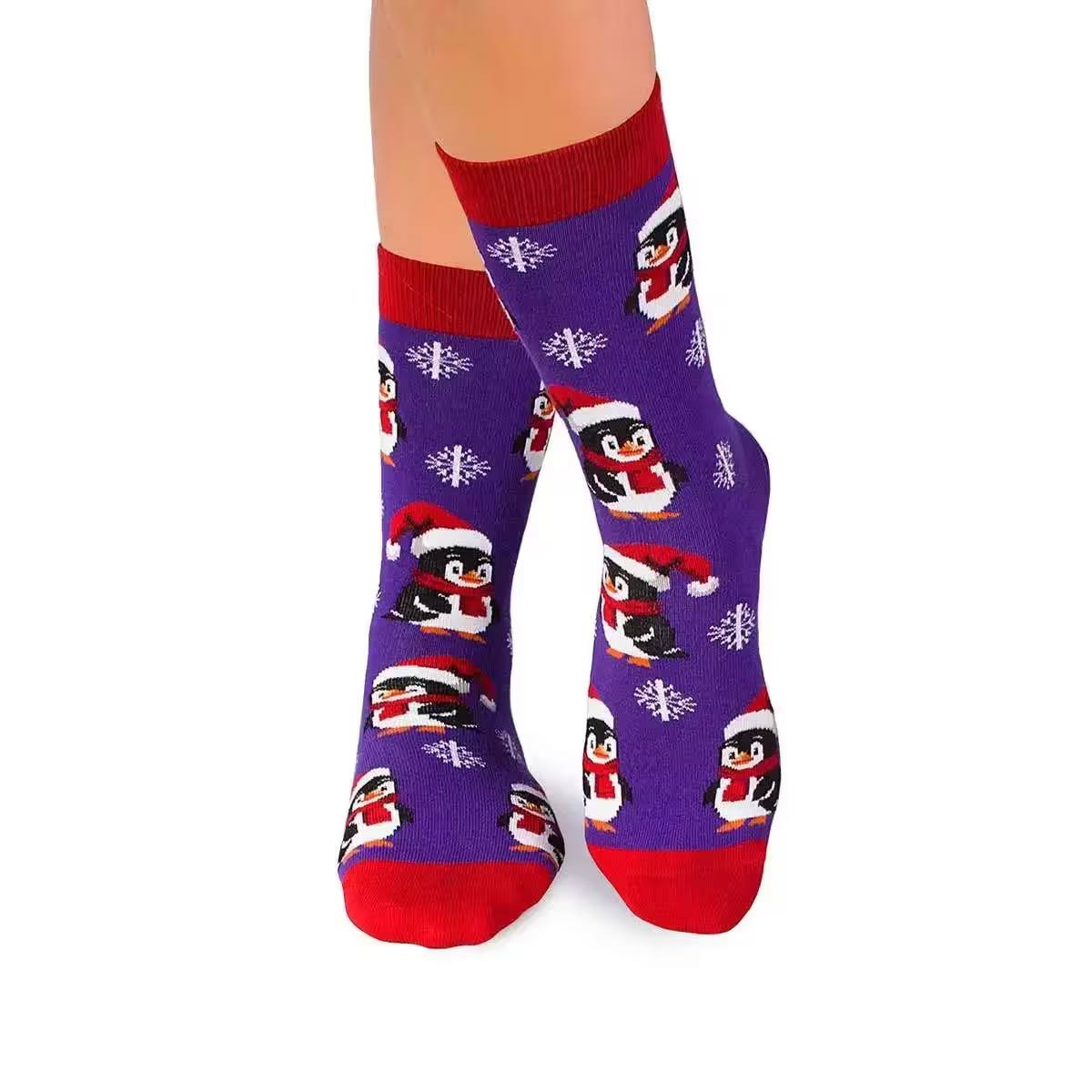 Șosete de Crăciun din bumbac cu pinguin fericit, violet