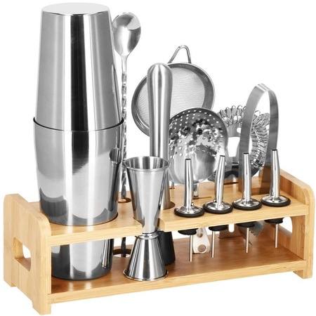 Kit de bar pentru barmani, cocktail shaker cu suport din bambus, 14 piese, Springos