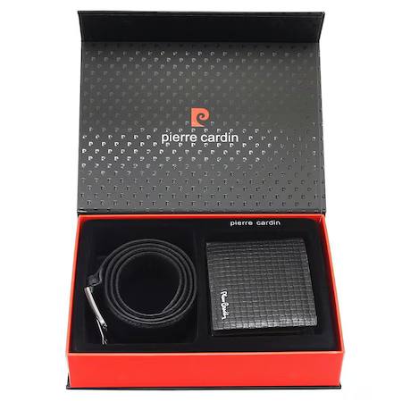 Set cadou din piele naturală, portofel și curea Pierre Cardin, negru