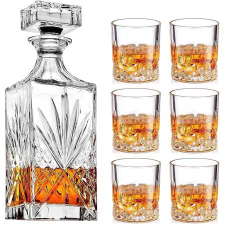 Set decantor whiskey cu 6 pahare, Wacorresi, cu dop de cristal, 750 ml